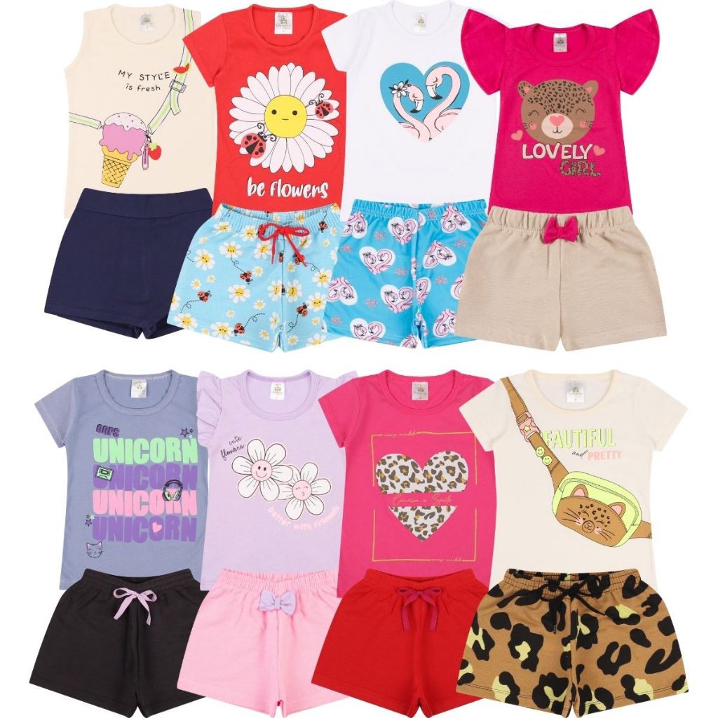 Kit Sortido 10 Peças de Roupas Infantil Menina - 5 Camisetas + 5 Bermudas - Kit com 5 Conjuntos de Roupa Infantil Menina Verão Feminino