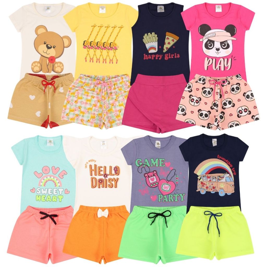 Kit Sortido 10 Peças de Roupas Infantil Menina - 5 Camisetas + 5 Bermudas - Kit com 5 Conjuntos de Roupa Infantil Menina Verão Feminino