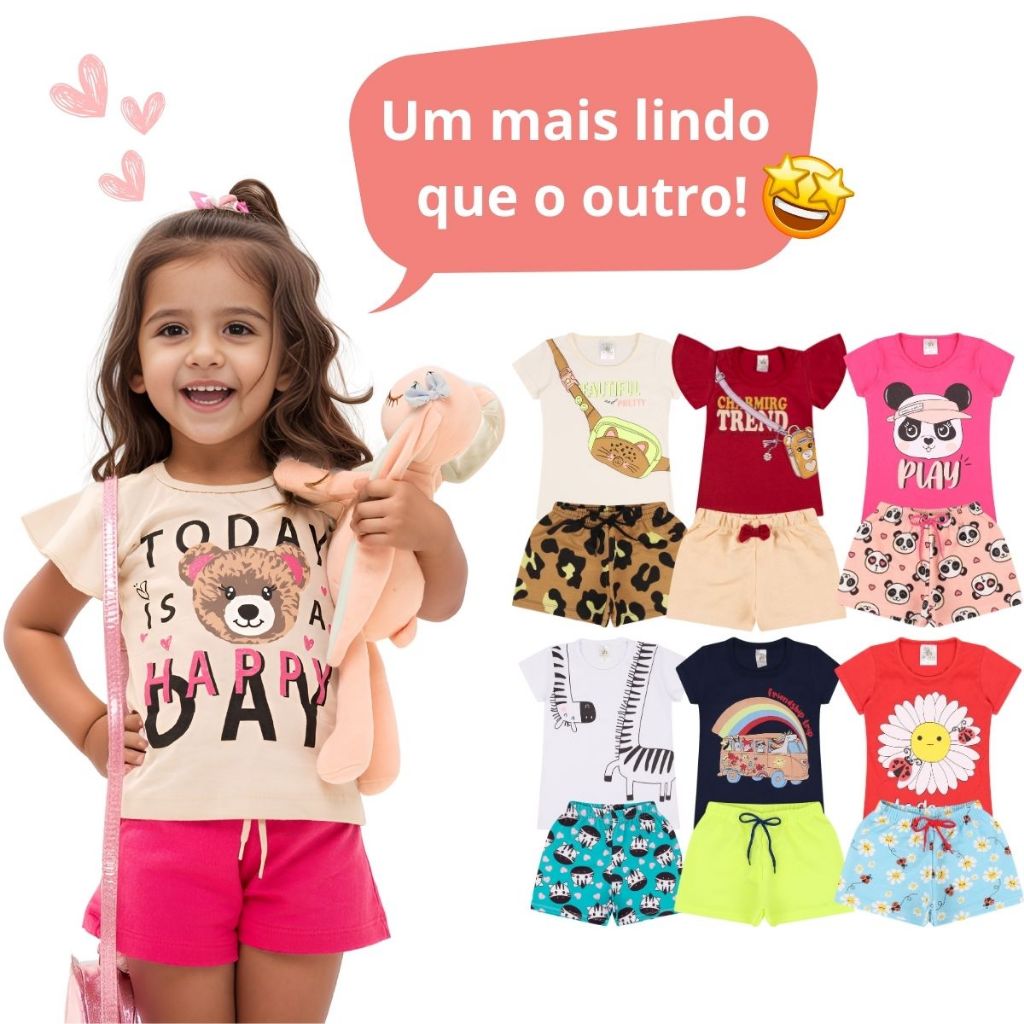 Kit Sortido 10 Peças de Roupas Infantil Menina - 5 Camisetas + 5 Bermudas - Kit com 5 Conjuntos de Roupa Infantil Menina Verão Feminino