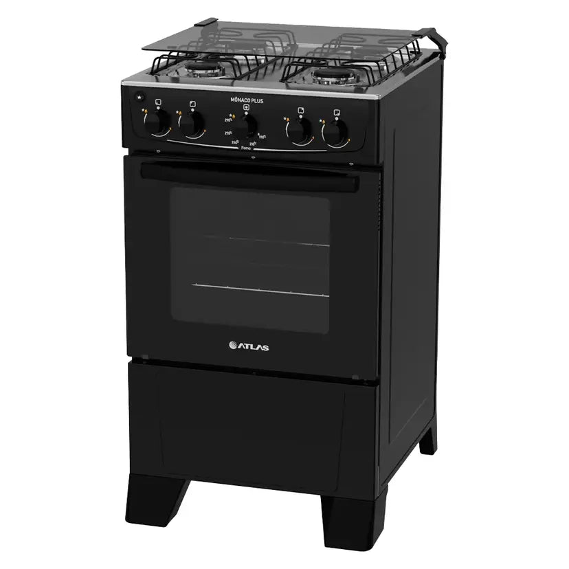 Fogão Atlas 4 Bocas Mônaco Plus Automático Mesa de Inox Forno 50L - Preto