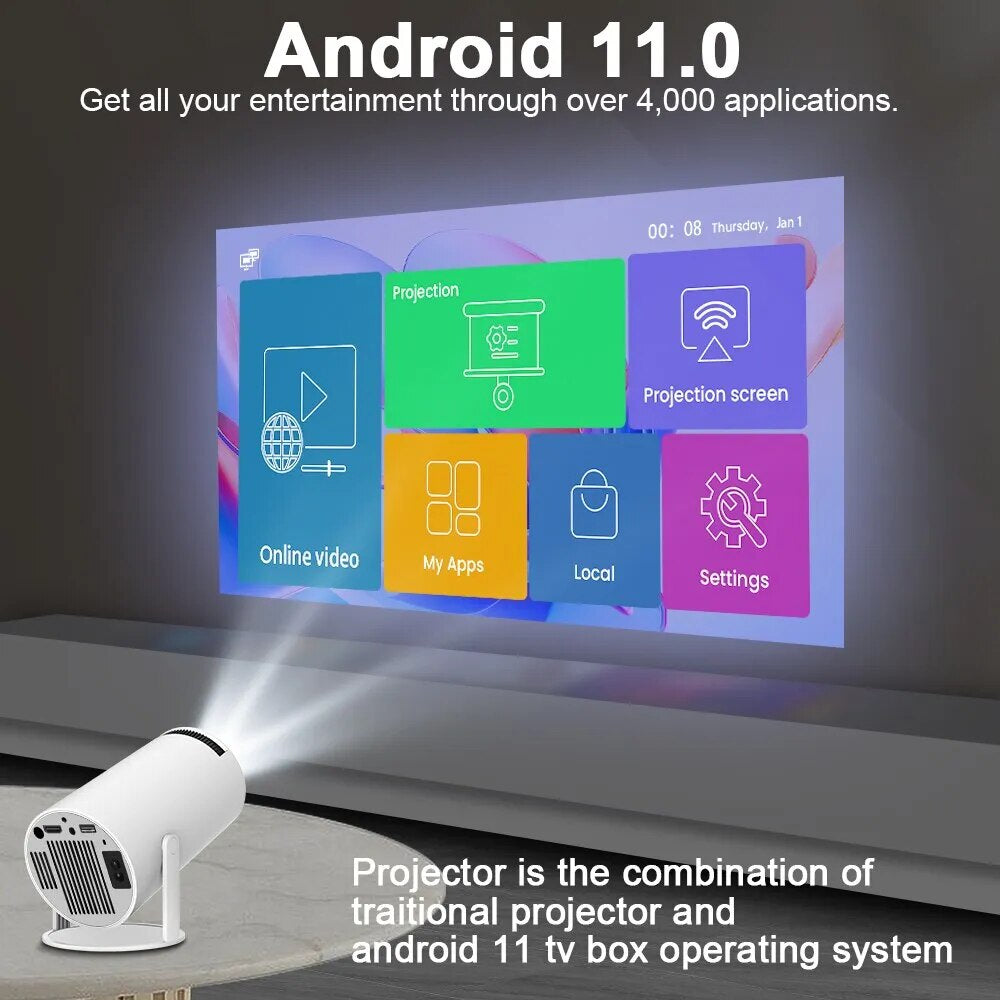 Projetor HY300 Wi-fi Lançamento Portátil com Android 11 USB HDtv Bluetooth Smart Cinema